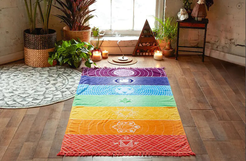Printed Beach Towel with Colorful Yoga Mat and Shawl