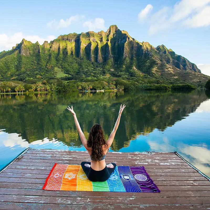 Printed Beach Towel with Colorful Yoga Mat and Shawl